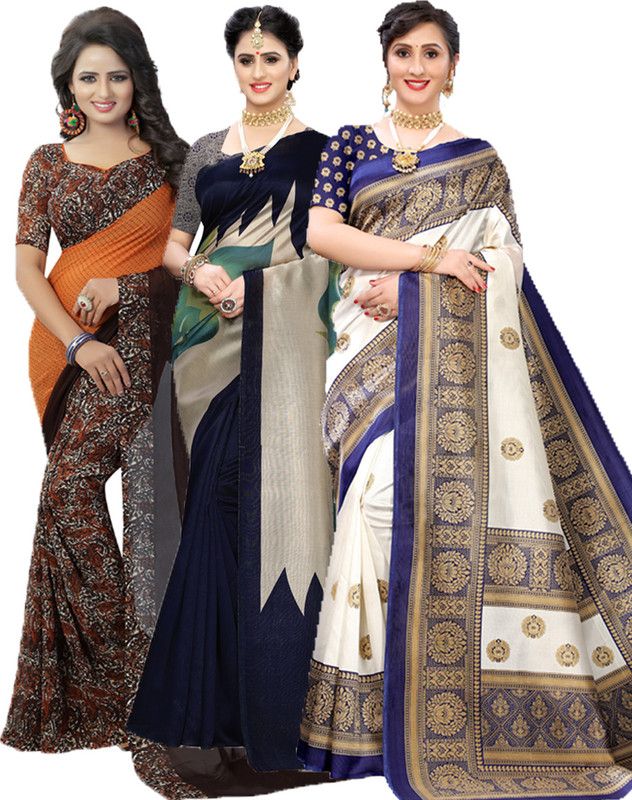 Printed Bollywood Georgette Saree  (Pack of 3, Orange, Dark Blue, Blue)