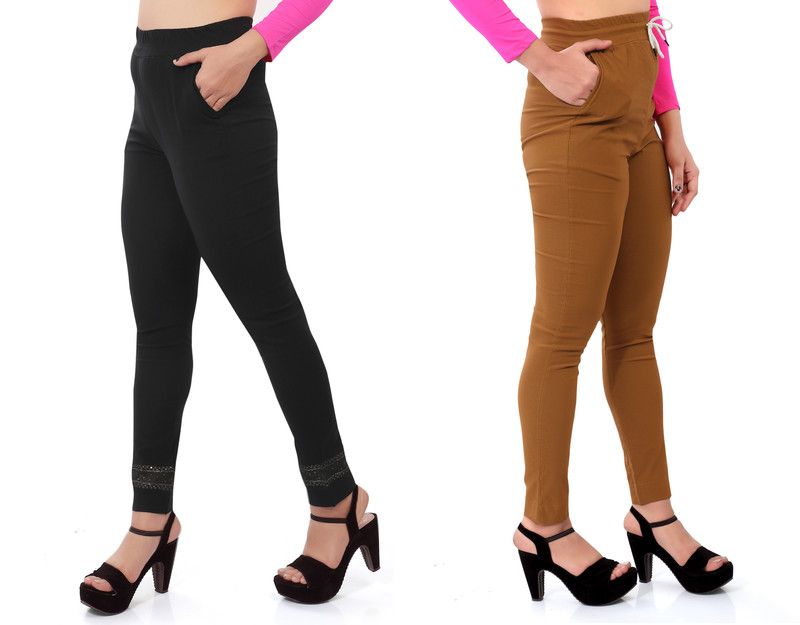 Pack of 2 Women Slim Fit Black, Brown Lycra Blend Trousers