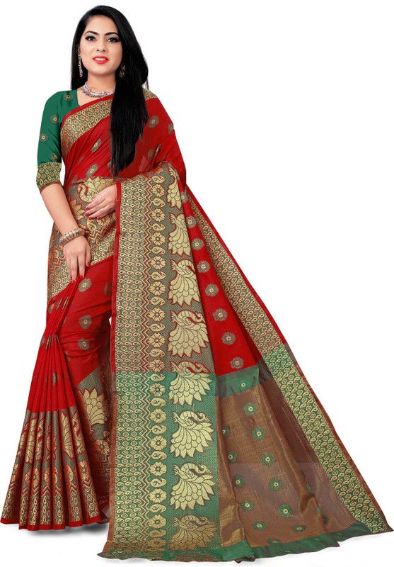 Woven Banarasi Cotton Blend, Cotton Silk Saree  (Red)