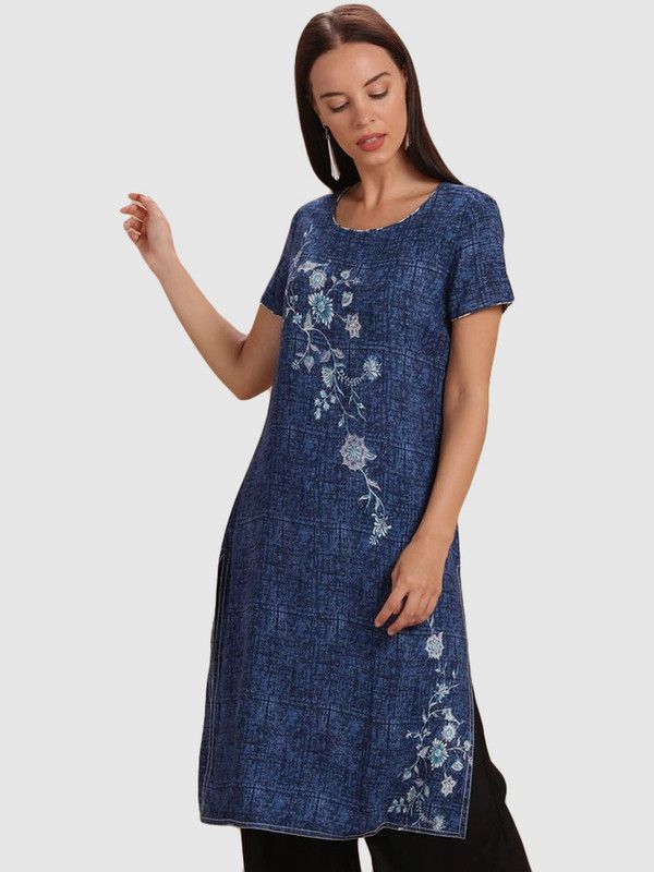 Women Floral Print Cotton Silk Straight Kurta  (Blue)