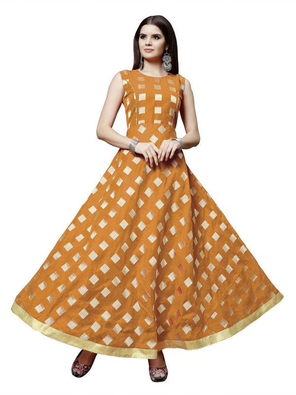 Rayon Blend Stitched Flared/A-line Gown  (Orange)