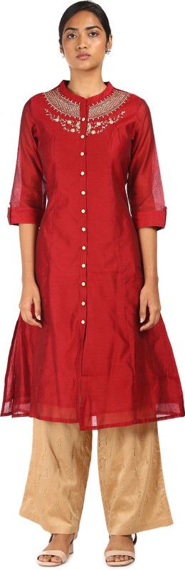 Women Embroidered Viscose Rayon Frontslit Kurta  (Maroon)