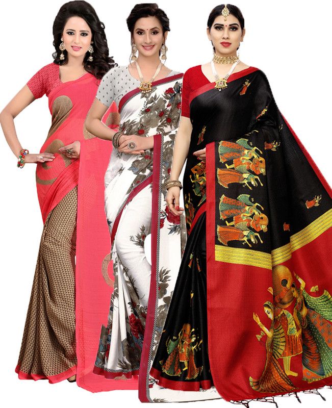 Printed Bollywood Georgette Saree  (Pack of 3, Red, White)