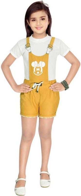 Dungaree For Girls Party Printed Cotton Blend  (Yellow, Pack of 1)