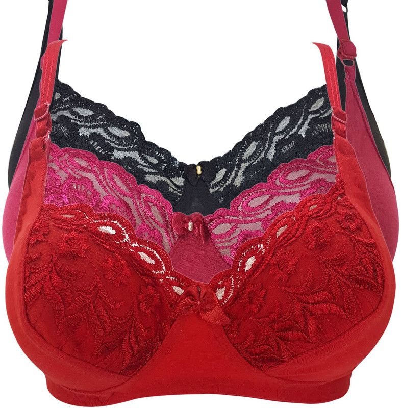 Pack of 3 Women Full Coverage Non Padded Bra  (Red, Black)
