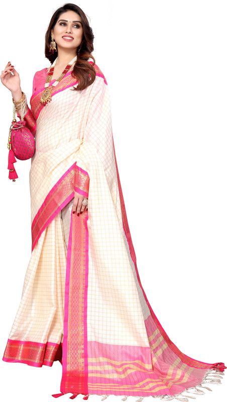 Ikkat Cotton Silk Saree  (Pink, White)