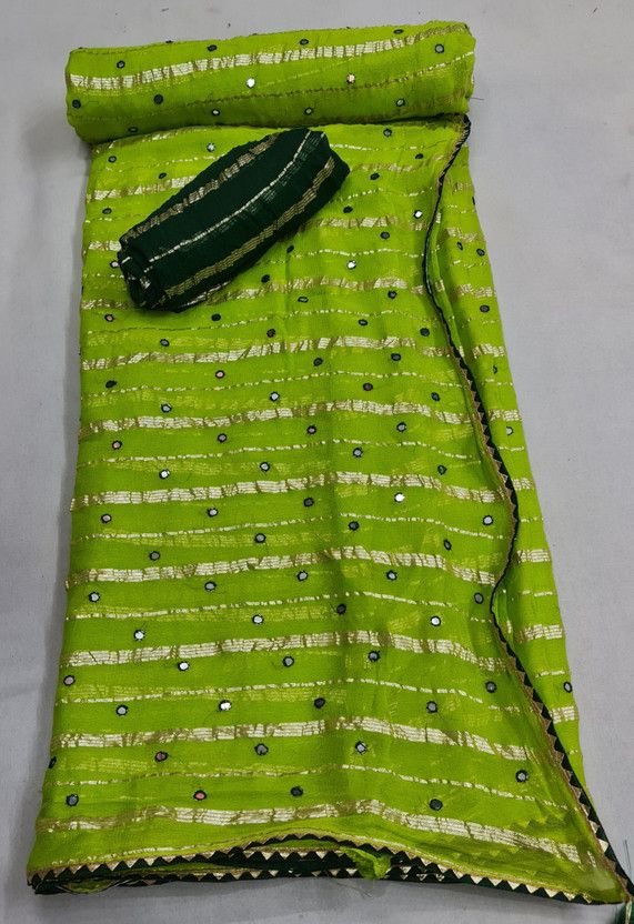 Striped Leheria Viscose Rayon, Georgette Saree  (Dark Green, Green)