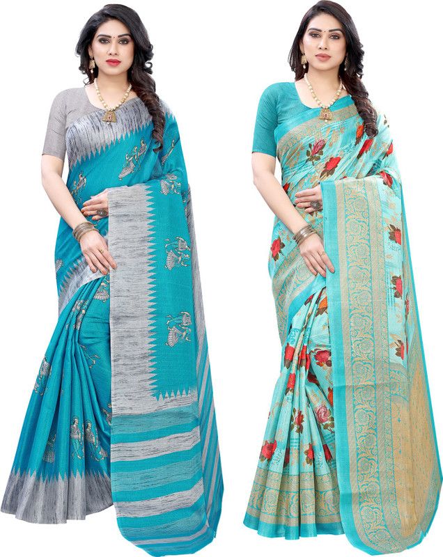 Printed, Geometric Print Banarasi Silk Blend Saree  (Pack of 2, Blue)