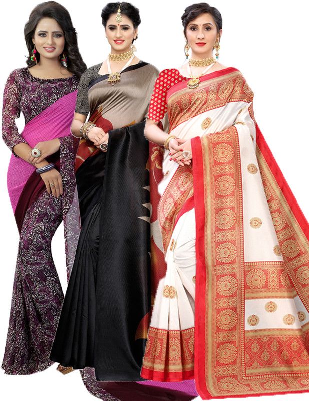 Printed Daily Wear Georgette Saree  (Pack of 3, Purple, Black, Red)