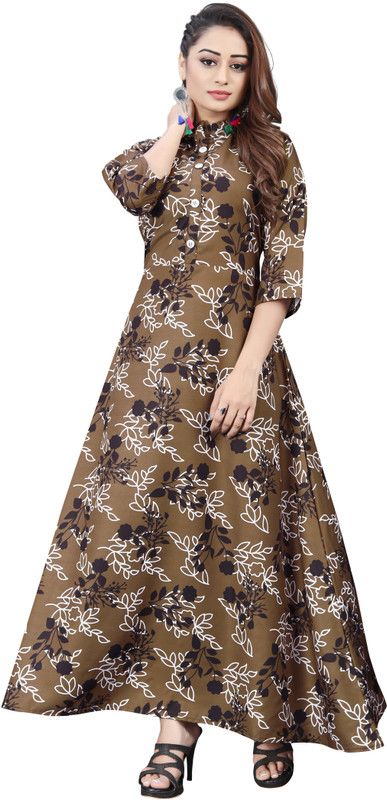 Women Printed Viscose Rayon Anarkali Kurta  (Brown, Black, Beige)