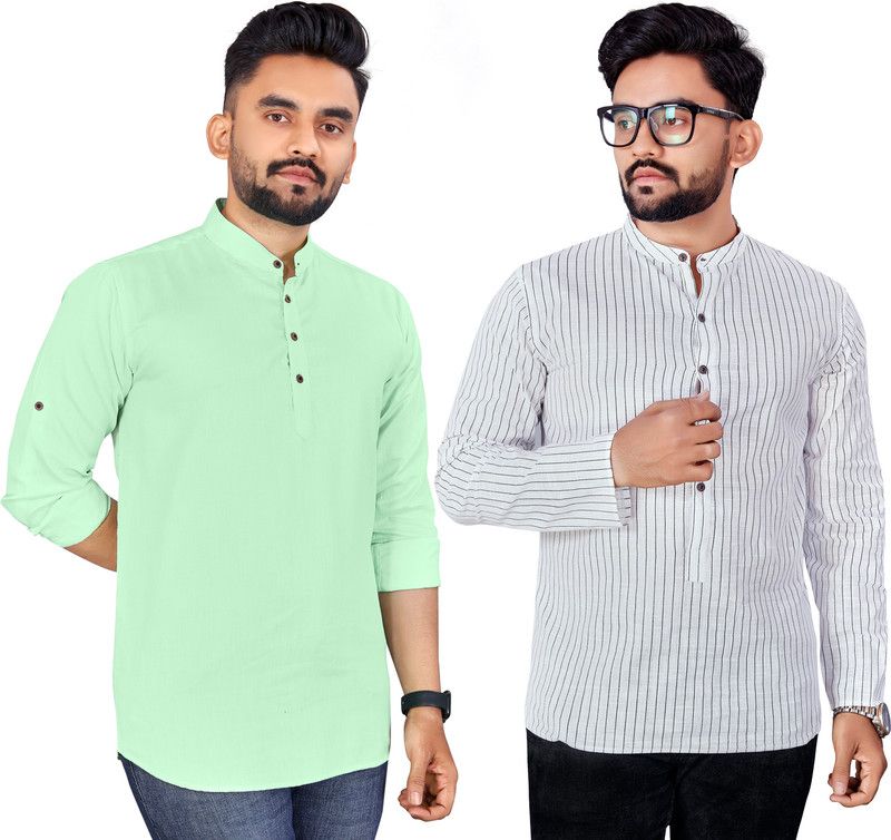 Pack of 2 Men Striped, Printed Pure Cotton Straight Kurta  (Light Green, White)