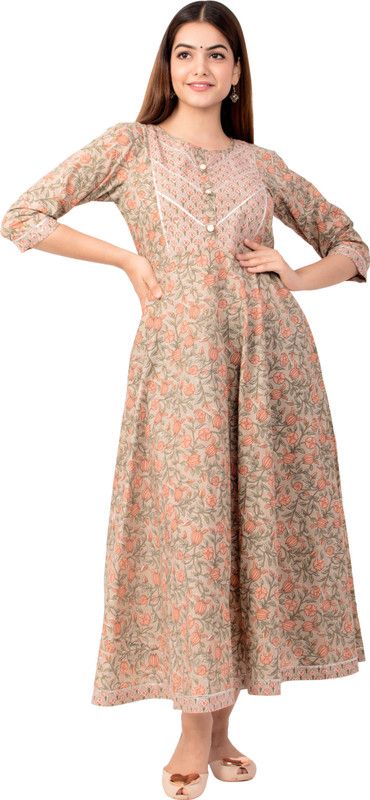 Women Floral Print Pure Cotton Anarkali Kurta  (Brown)