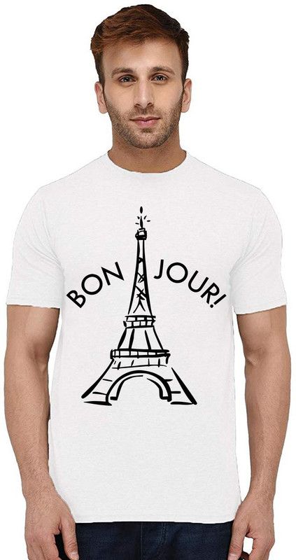 Bonjour Paris Men Graphic Print Round Neck Pure Cotton White T-Shirt