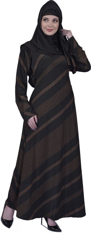 Bhumi fab Blackgold embossed Lycra Blend Striped Burqa With Hijab  (Black)