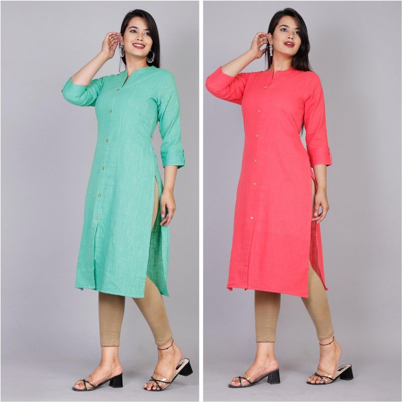 Women Solid Pure Cotton Frontslit Kurta  (Red, Light Green)