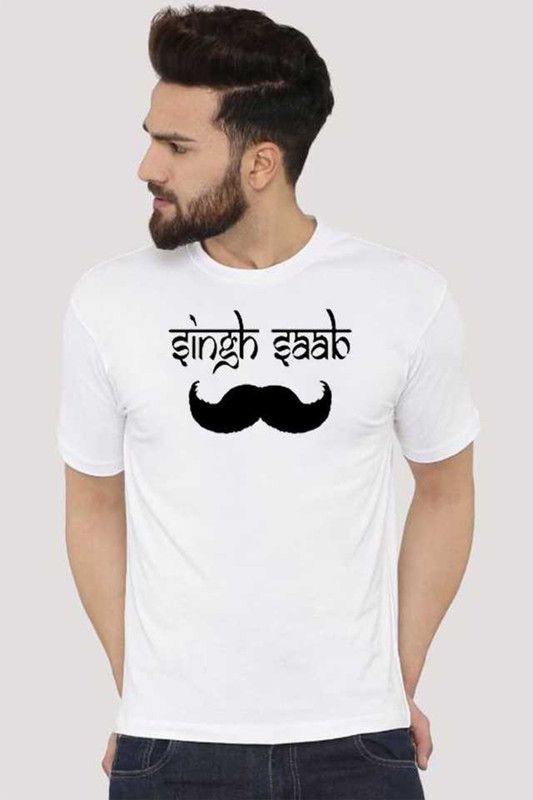 Singh Sahab Men Printed Round Neck Polyester White T-Shirt
