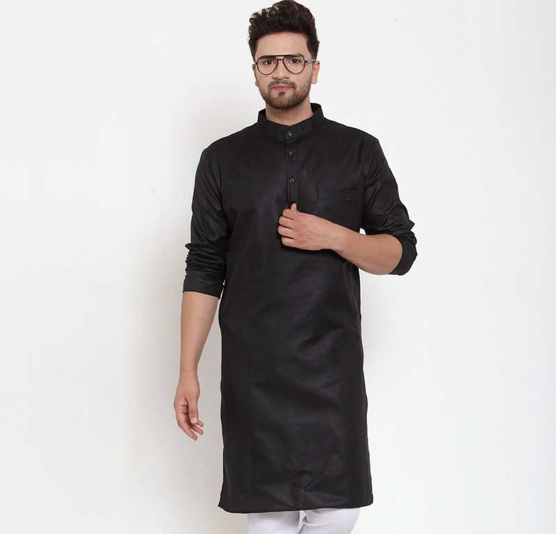 Men Self Design Cotton Blend High Low Kurta  (Black)