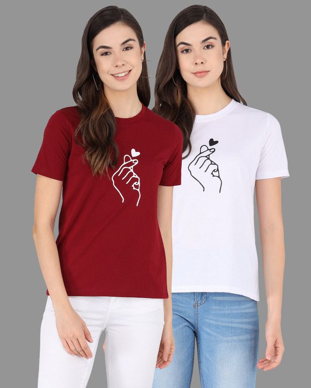 Pack of 2 Women Printed Round Neck Pure Cotton White, Maroon T-Shirt