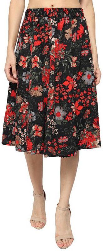 Women Floral Print A-line Red Skirt