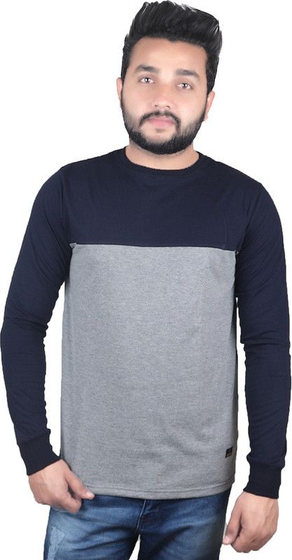 Men Colorblock Round Neck Cotton Blend Dark Blue, Grey T-Shirt