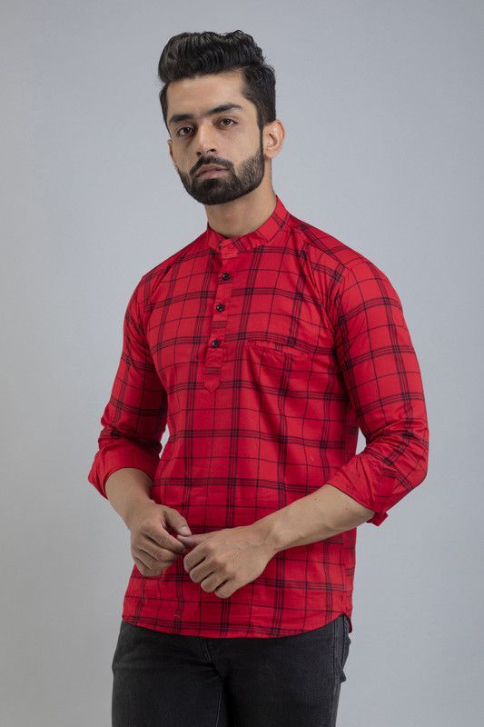 Men Checkered Pure Cotton Straight Kurta  (Red)