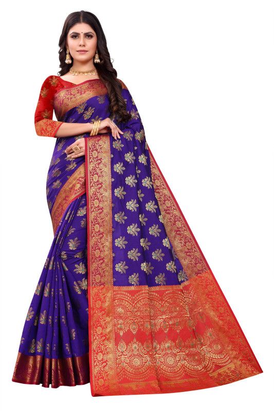 Embellished, Self Design, Solid, Striped, Woven Kanjivaram Cotton Silk, Pure Silk Saree  (Red, Blue)