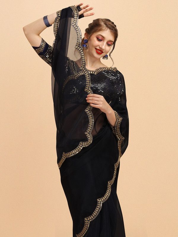 Embellished Bollywood Organza Saree  (Dark Blue)
