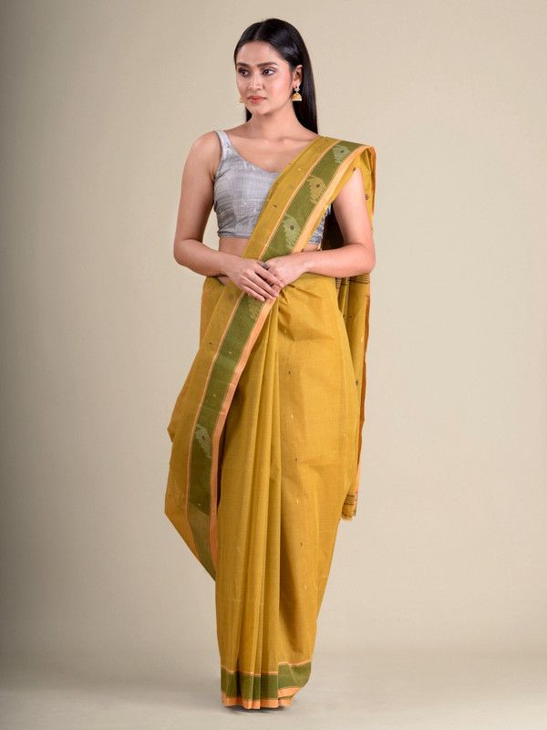Woven Tant Cotton Blend Saree  (Mustard)