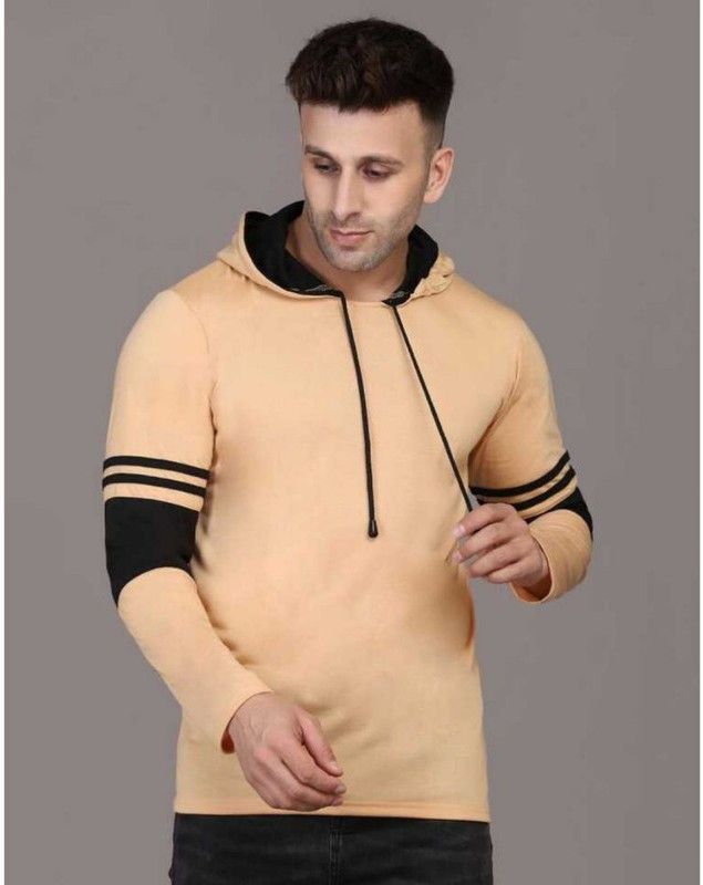 Men Solid Hooded Neck Cotton Blend Beige T-Shirt