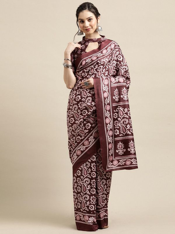 Printed Jamdani Art Silk Saree  (Brown)