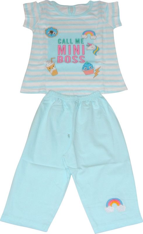 Girls Solid, Striped Cotton Blend Kids Nightwear  (Blue Pack of 1)