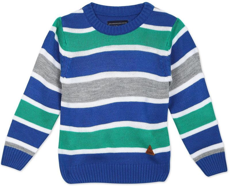 Boys Striped Crew Neck Blue Sweater