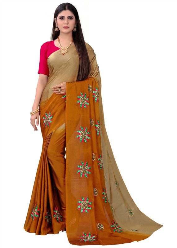 Embroidered Fashion Chiffon Saree  (Beige)
