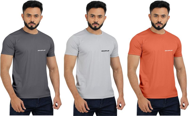 Pack of 3 JAY RADADIYA Men Sporty, Solid Round Neck Elastane Silver, Orange, Grey T-Shirt