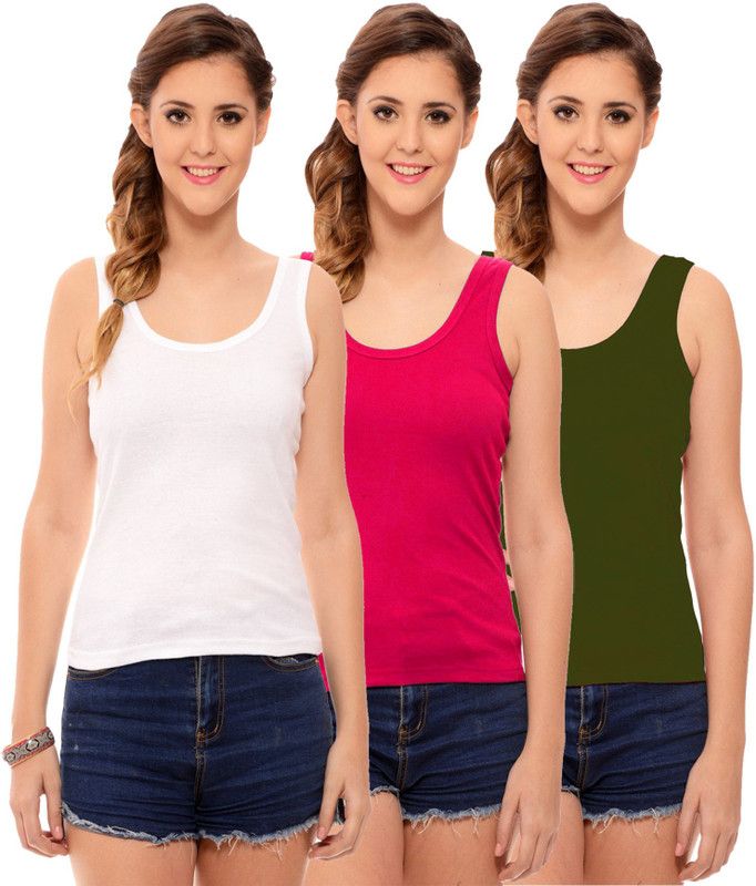 Pack of 3 Casual Sleeveless Solid Women Green, White, Pink Top