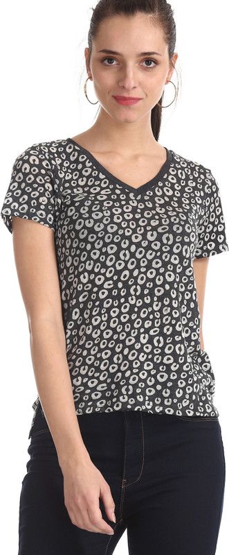 Women Self Design V Neck Cotton Blend Black T-Shirt