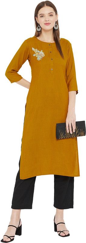 Women Embroidered, Solid Viscose Rayon Straight Kurta  (Gold)