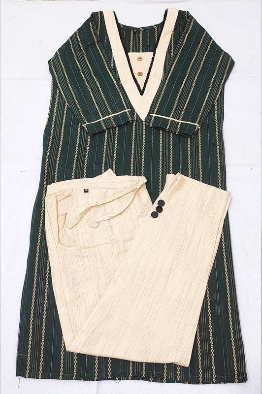 Women Striped Khadi Cotton Straight Kurta  (Green)