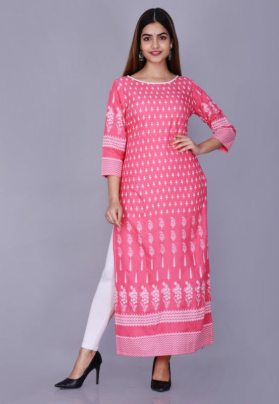 Women Printed Viscose Rayon Straight Kurta  (Red, White, Pink)