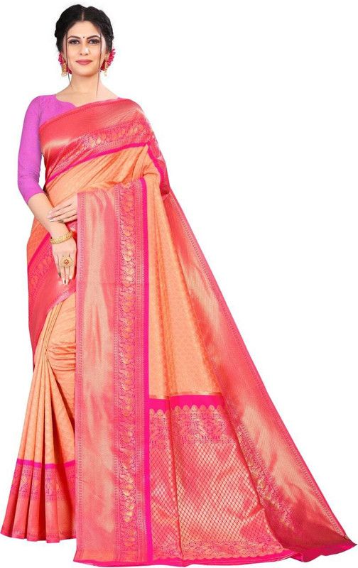 Embellished Kanjivaram Cotton Silk Saree  (Pink, Orange)