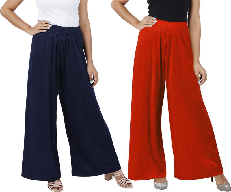 Pack of 2 Women Flared Blue, Orange Cotton Blend Trousers