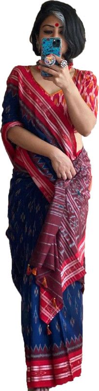 Printed Hand Batik Pure Cotton Saree  (Red, Blue)