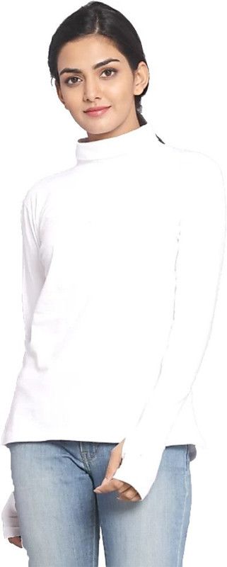 Women Solid Turtle Neck Cotton Blend White T-Shirt