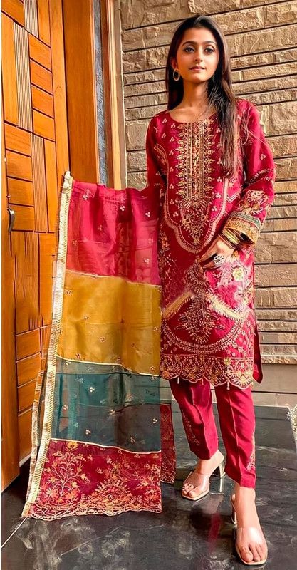 Semi Stitched Organza Kurta Fabric Embroidered, Embellished
