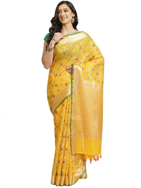 Floral Print Banarasi Viscose Rayon Saree  (Yellow)