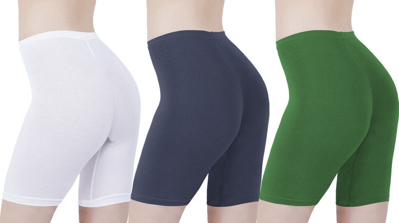 Pack of 3 Solid Women White, Blue, Green Cycling Shorts