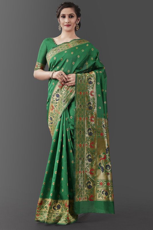 Self Design, Woven, Embellished Banarasi Silk Blend, Art Silk Saree  (Green)