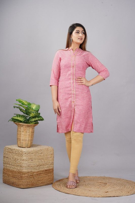 Women Self Design Khadi Cotton Straight Kurta  (Pink)