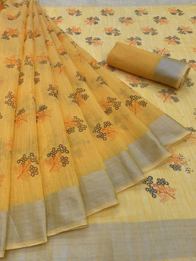 Printed Chanderi Cotton Linen Saree  (Multicolor)