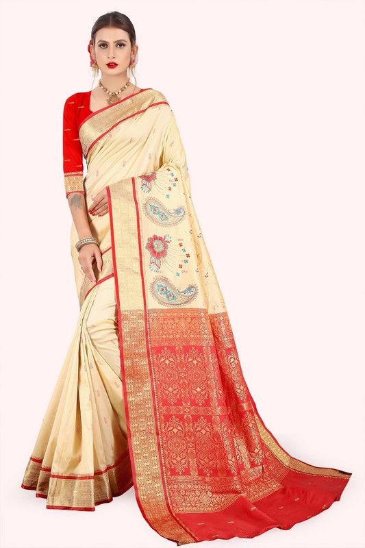 Self Design, Woven, Embellished Bollywood Silk Blend Saree  (Red, Cream)
